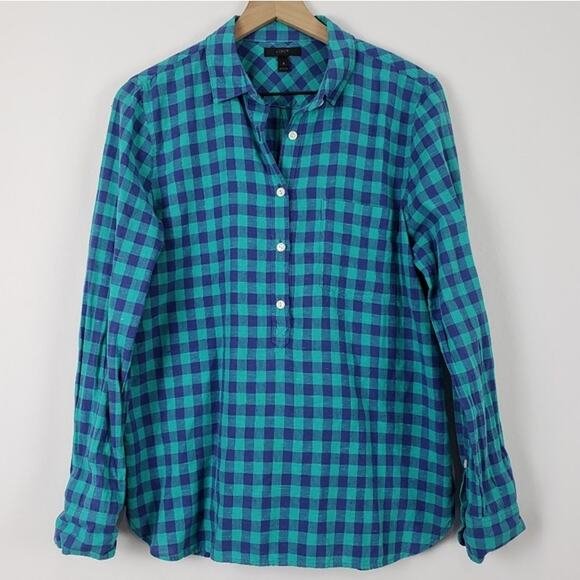 J. Crew 6 Gingham Popover Caribbean Blue - Picture 3 of 5